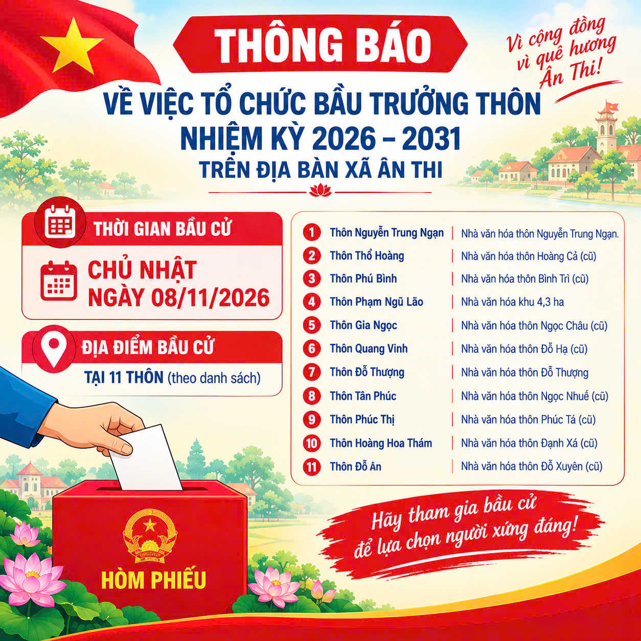 THÔNG BÁO  Về việc tổ chức bầu Trưởng thôn nhiệm kỳ 2026–2031 trên địa bàn xã Ân Thi